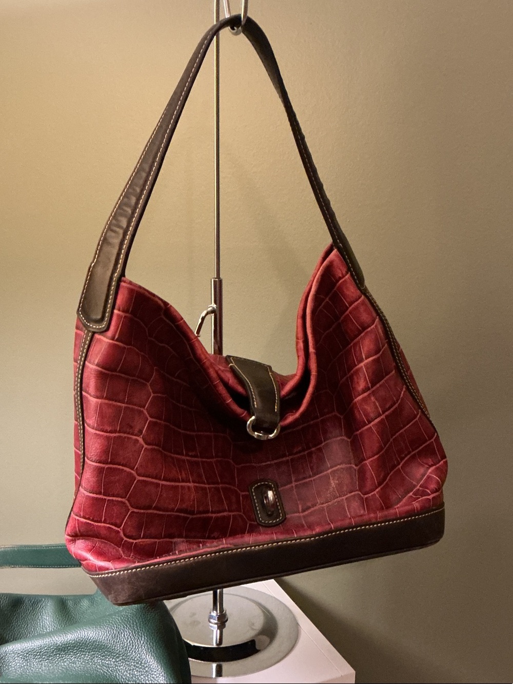 Dooney & Bourke Red Croc-Embossed REHAB Shoulder Bag with Brown Trim Key Fob